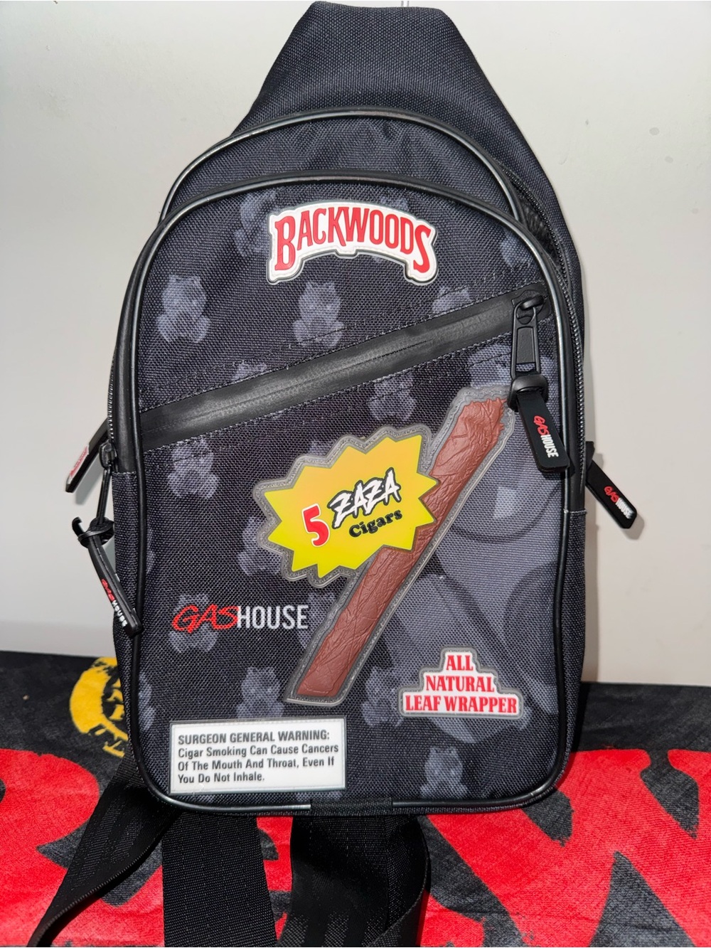 Backwoods Black Graphic Sling Bag with Branded Patches
